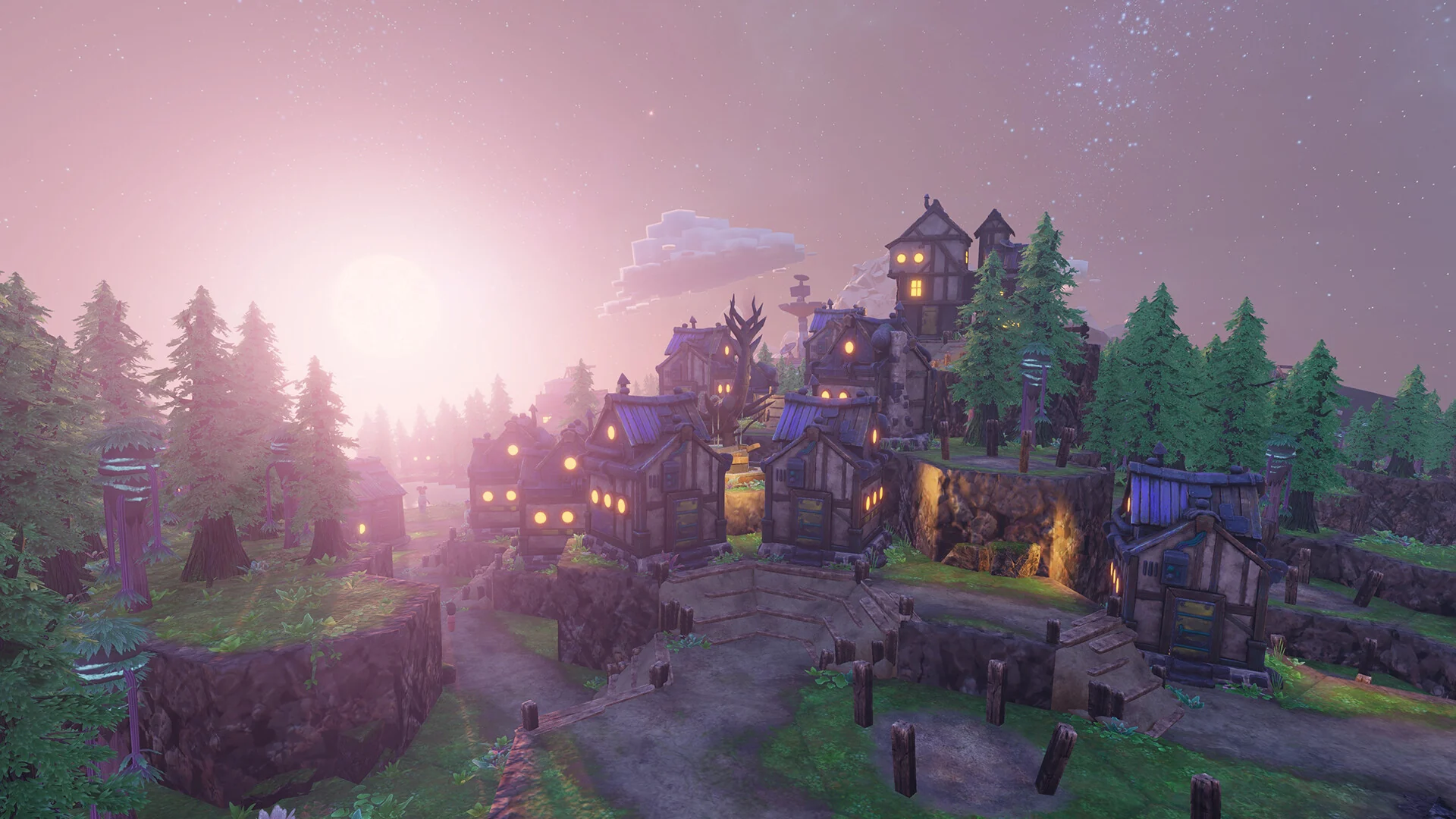Settlement buildings beside forests at sunset, Steam store screenshot