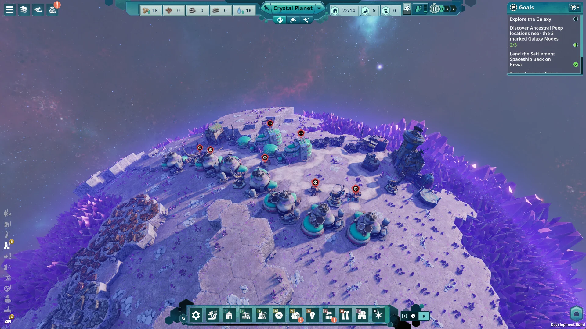 Purple crystals and buildings on a snowy surface, Steam store screenshot